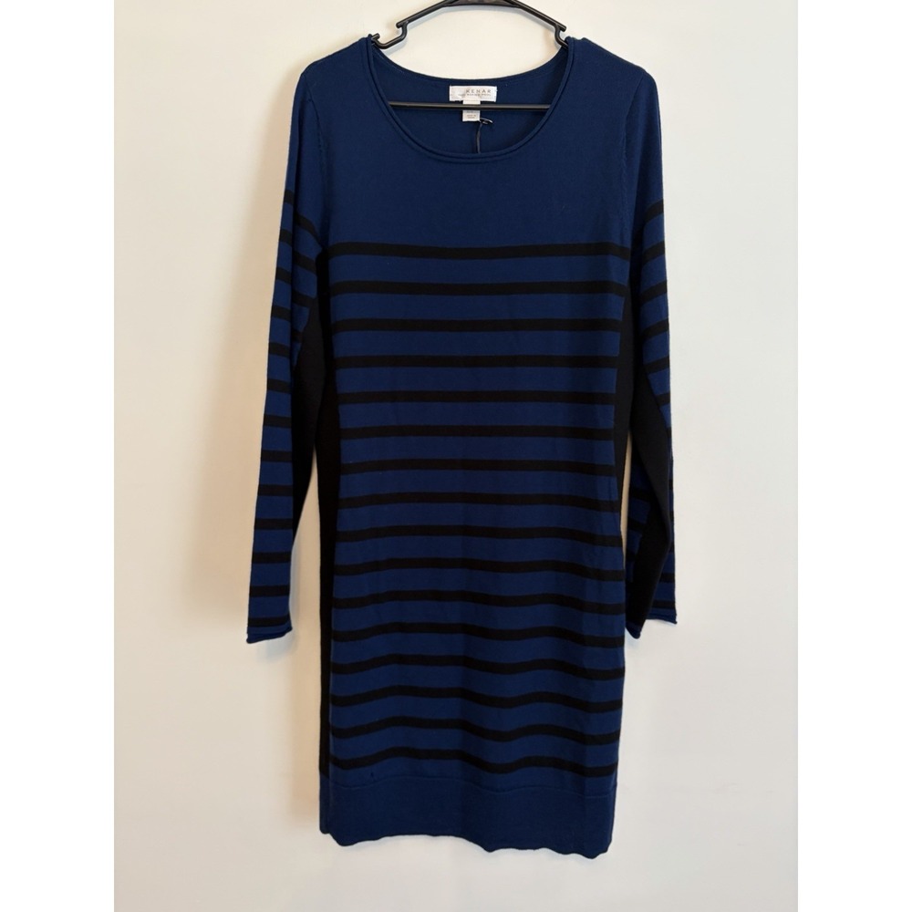 KENAR 100% Merino Wool Sweater Dress Blue Black Striped Slimming Long‎ Sleeve XL